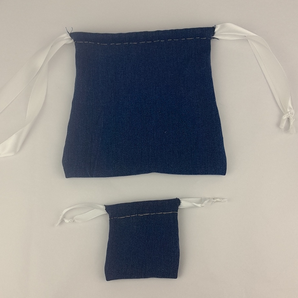 2 Handcrafted Stretchy Jean Ribbon Drawstring Matching Bags - Picture 3 of 10